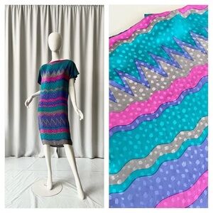 Vintage 80s 💯 Silk FLORA KUNG Bright Color Geometric Shift Dress S
